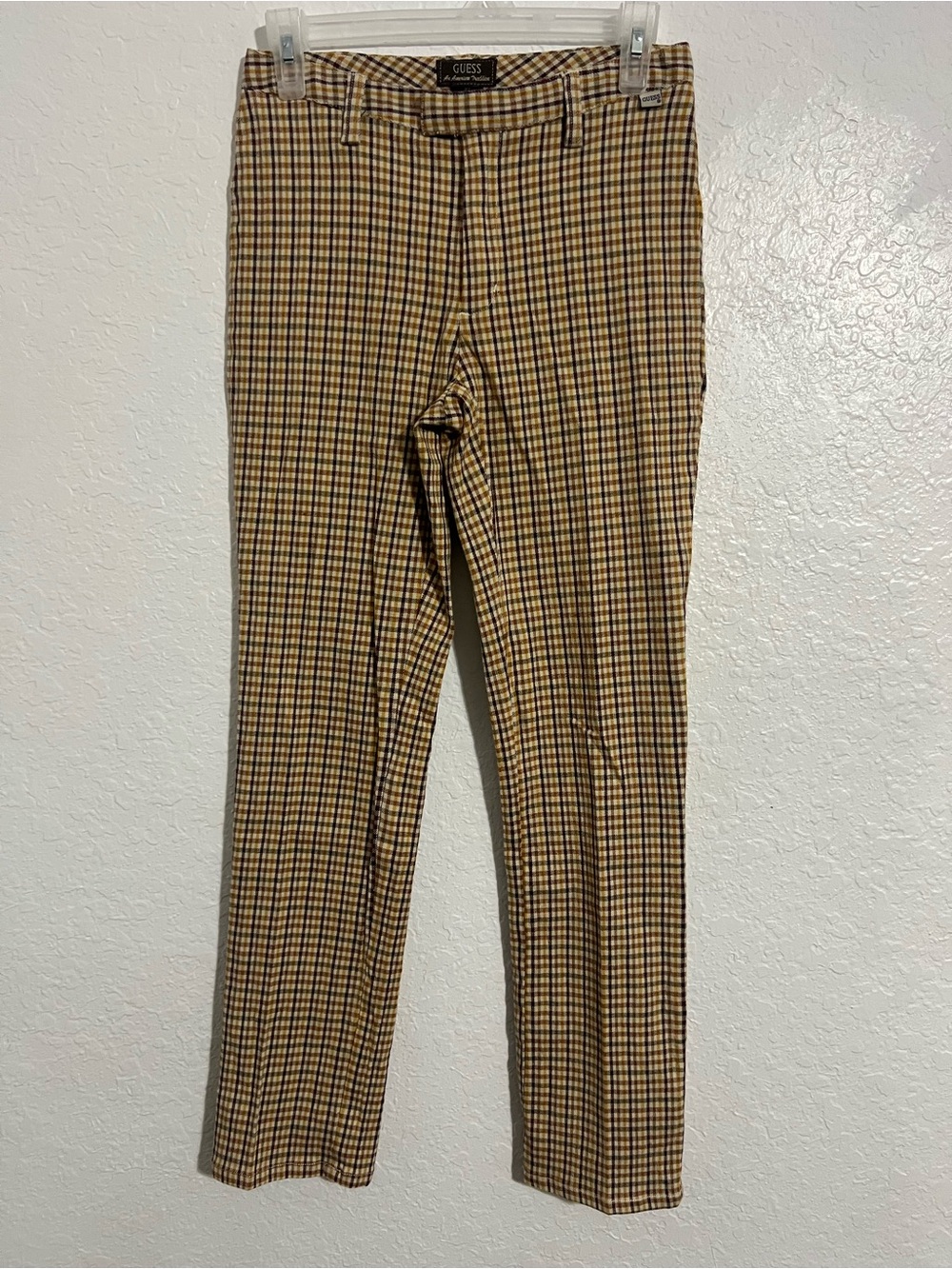 Guess Women's High Rise Straight Pants Size 27 Plaid Tan/brown Stretch # 105